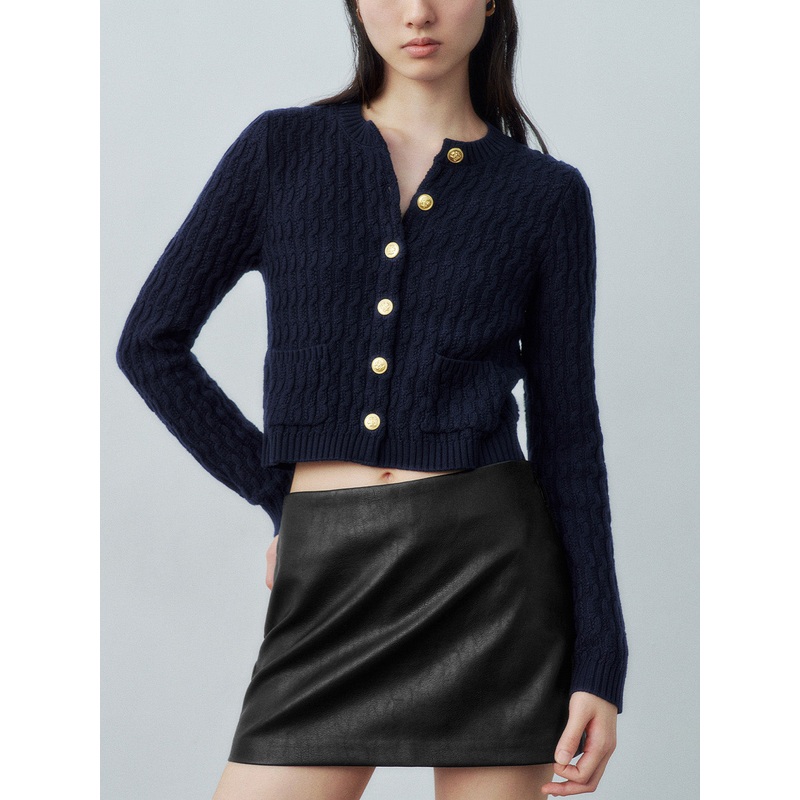 Crew Neck Skinny Knitted Cardigan Blue XS