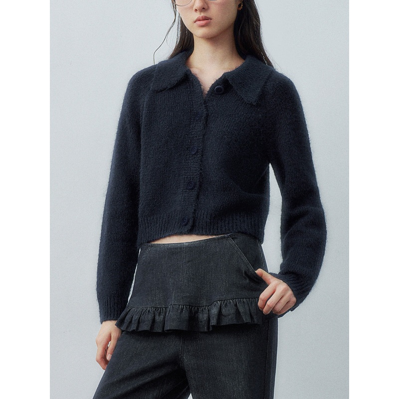 Shirt Collar Knitted Cardigans Blue XS
