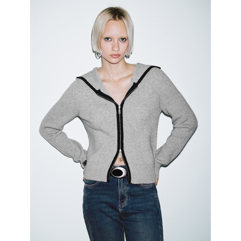 Zip Up Front Hoodie Knitted Cardigans Light Grey XS