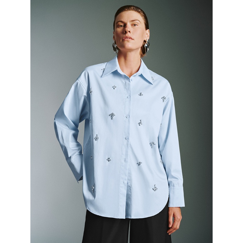 Button Up Loose Long Sleeve Shirts Blue XS