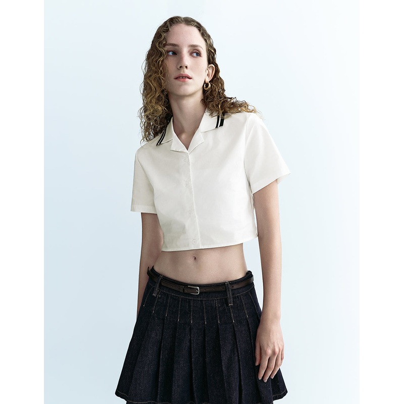 Cropped Button Up Straight Shirt White XS