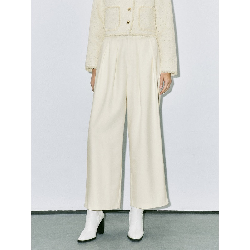 Hidden Button Wide-Leg Pants White XXS