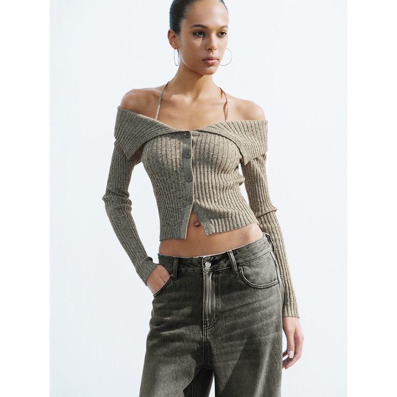One Shoulder Knitted Cardigans Khaki Green XS