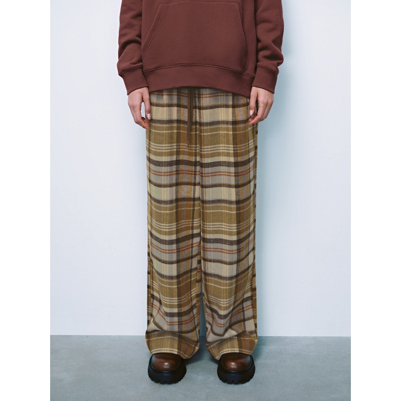 Drawstring Plaid Wide-Leg Pants Brown Checkered XXS