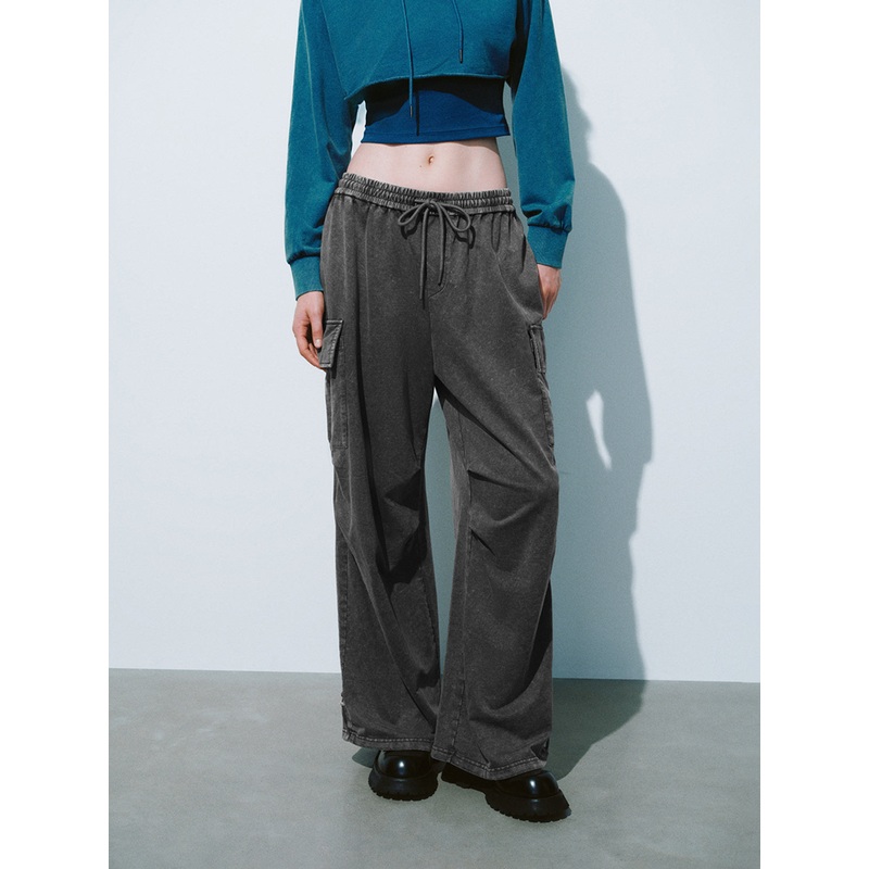 Elastic Flap Pocket Wide-Leg Pants Light Grey S(XS-S)