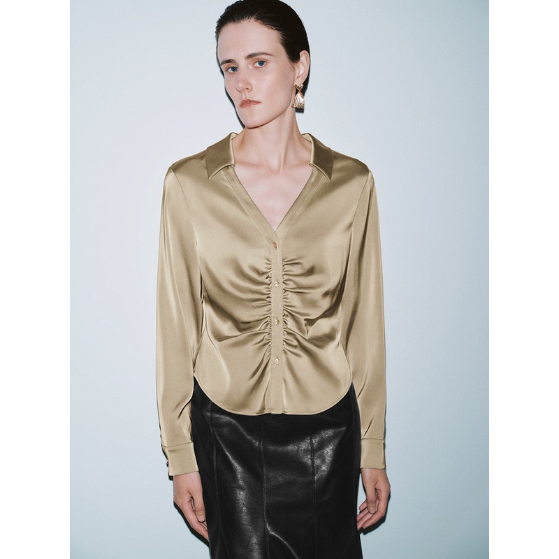 Lapel Ruched Long Sleeve Shirts Grey XS