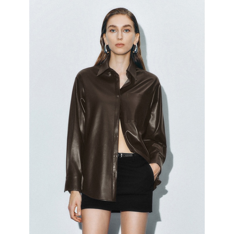 Leather Button Up Shirts Brown XS