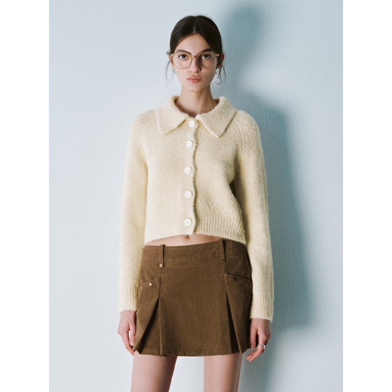 Shirt Collar Knitted Cardigans Beige XS
