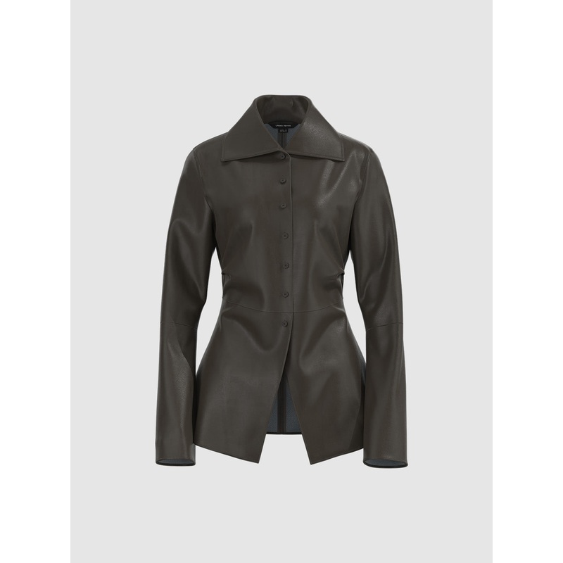 Vegan Leather Long Sleeve Shirts Brown XS