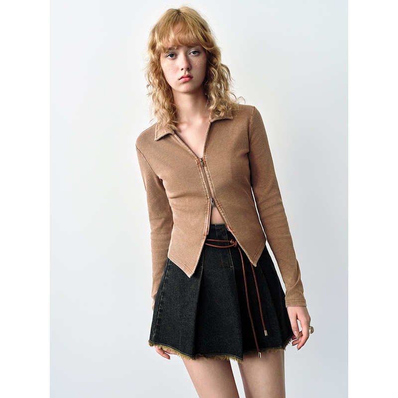 Zipper Front Skinny Shirt Brown XS