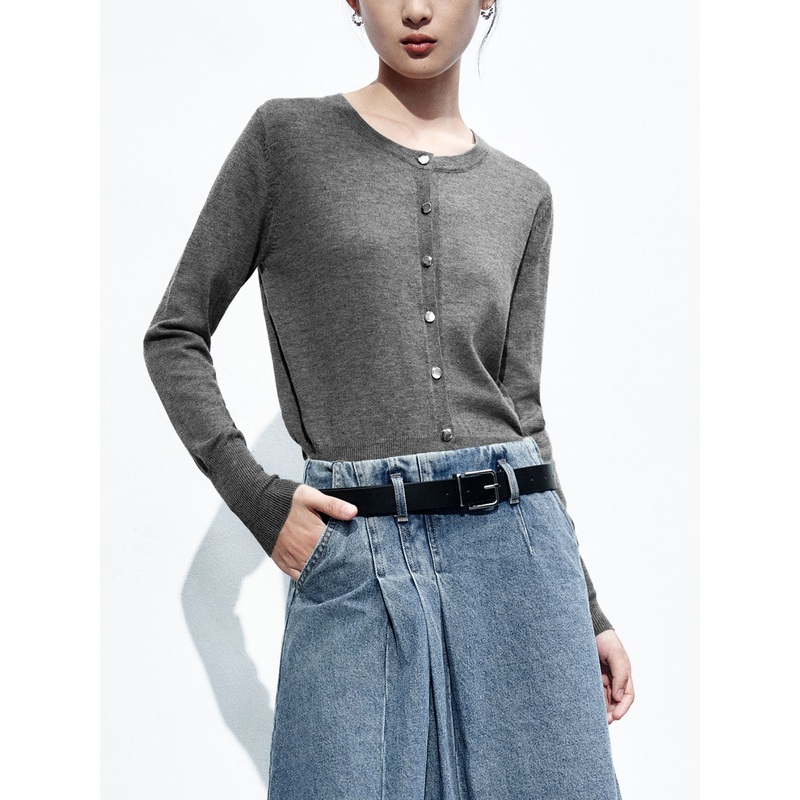 Button Up Crew Neck Knitted Cardigans Grey XS