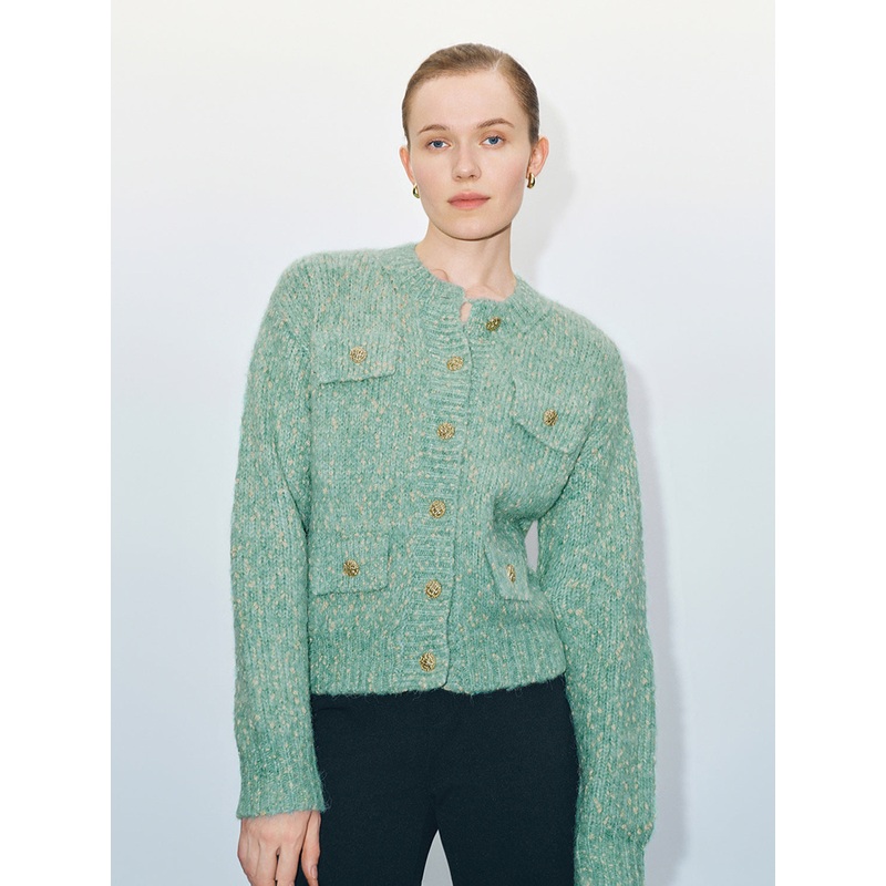 Crew Neck Knitted Tweed Cardigans Green XS