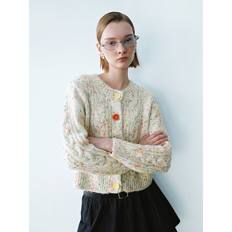 Crew Neck Knitted Tweed Cardigans Multi-Color XS