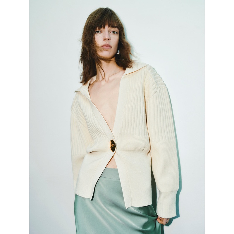 Lapel Knitted Cardigans Light Yellow XS