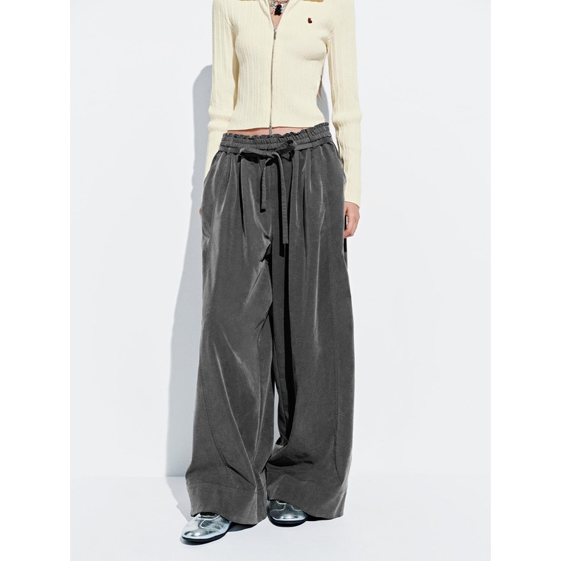 Drawstring Pull On Wide Leg Pants Dark Grey XS