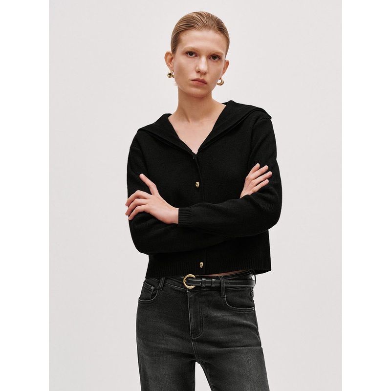 Large Collar Knitted Cardigan Black XS