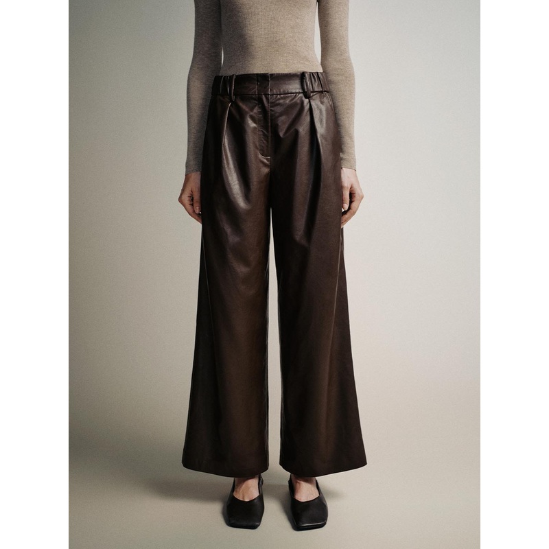 Vegan Leather Wide Leg Pants Brown XXS