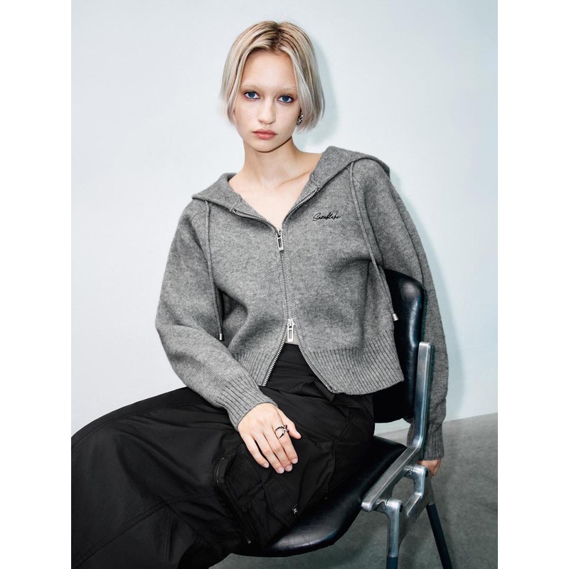 Hooded Zip Up Knitted Cardigans Grey XS