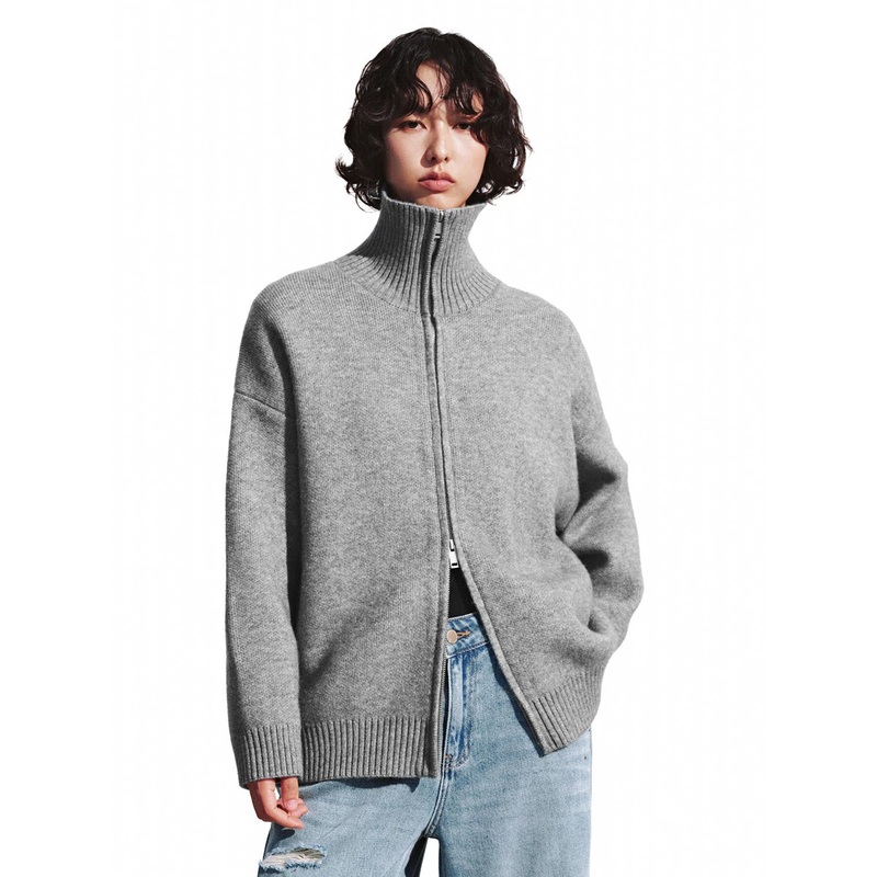 Stand Collar Full Zip Knitted Cardigans Grey XS