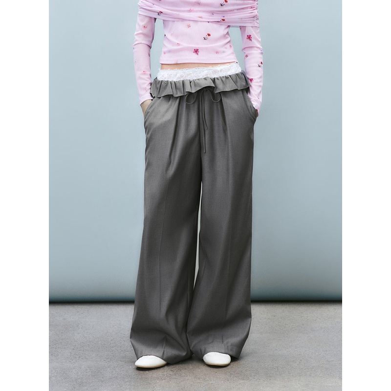 Ruffle Waist Wide-Leg Pants Grey XXS