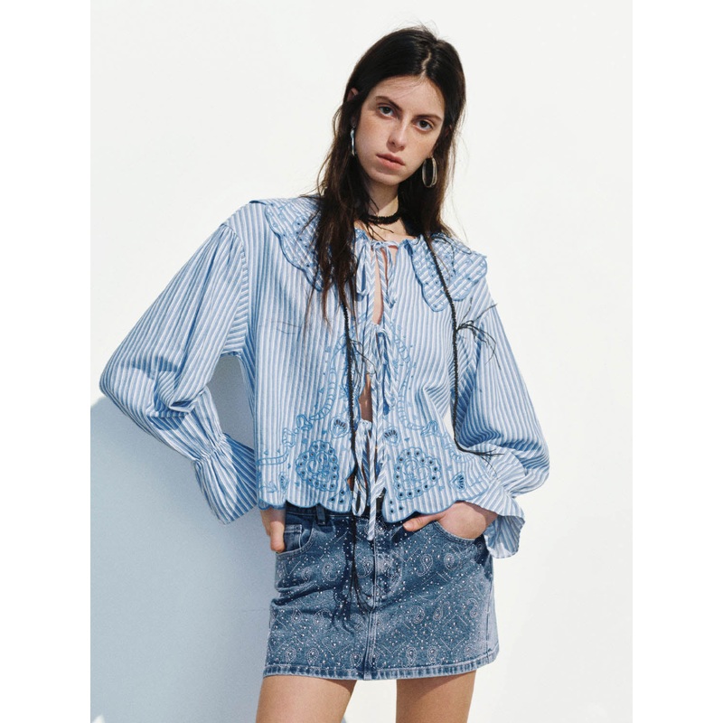 Lace Up Front Floral Shirts Blue Striped XS