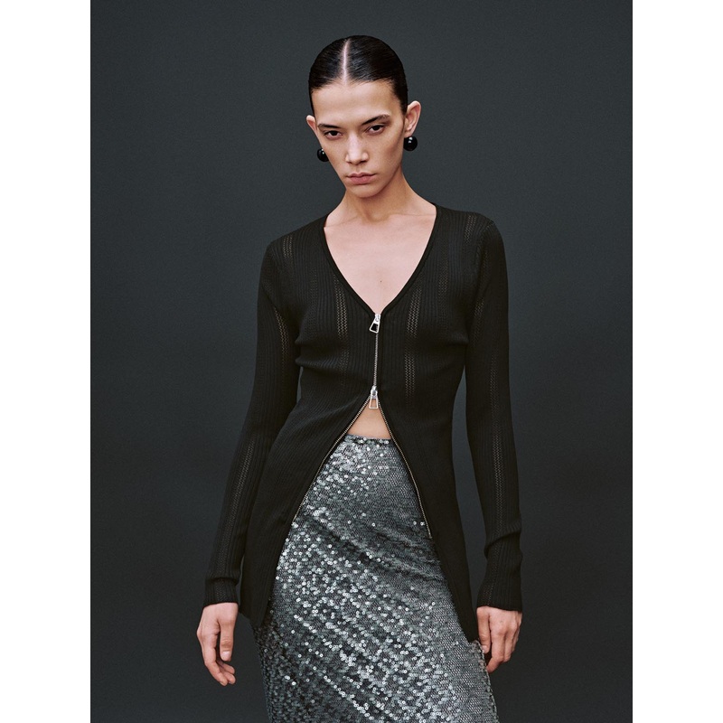 Zip Up Front Knitted Cardigans Black XXS