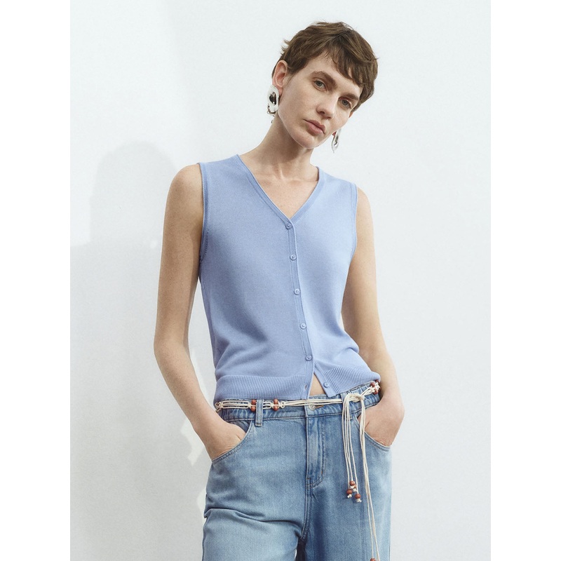 Sleeveless Knitted Cardigans Blue XS