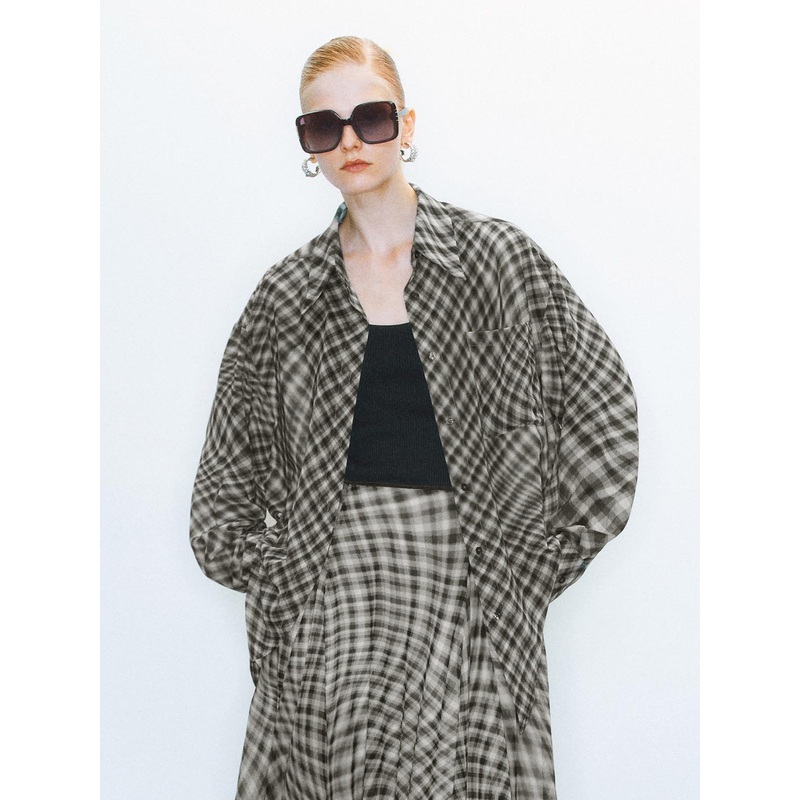 Plaid Long Sleeve Shirts Black Checkered XS