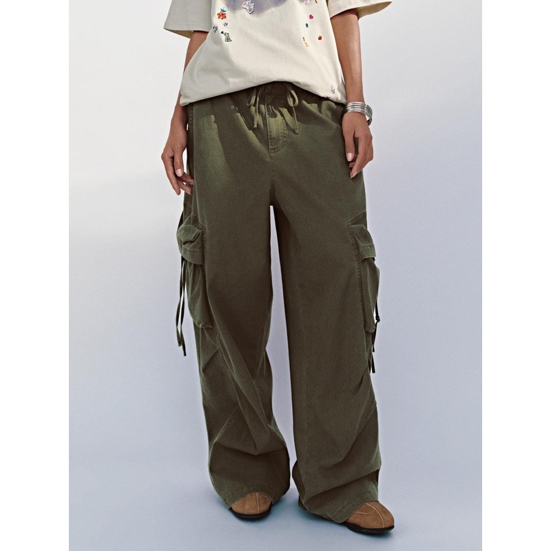 Flap Pocket Wide-Leg Pants Green XS