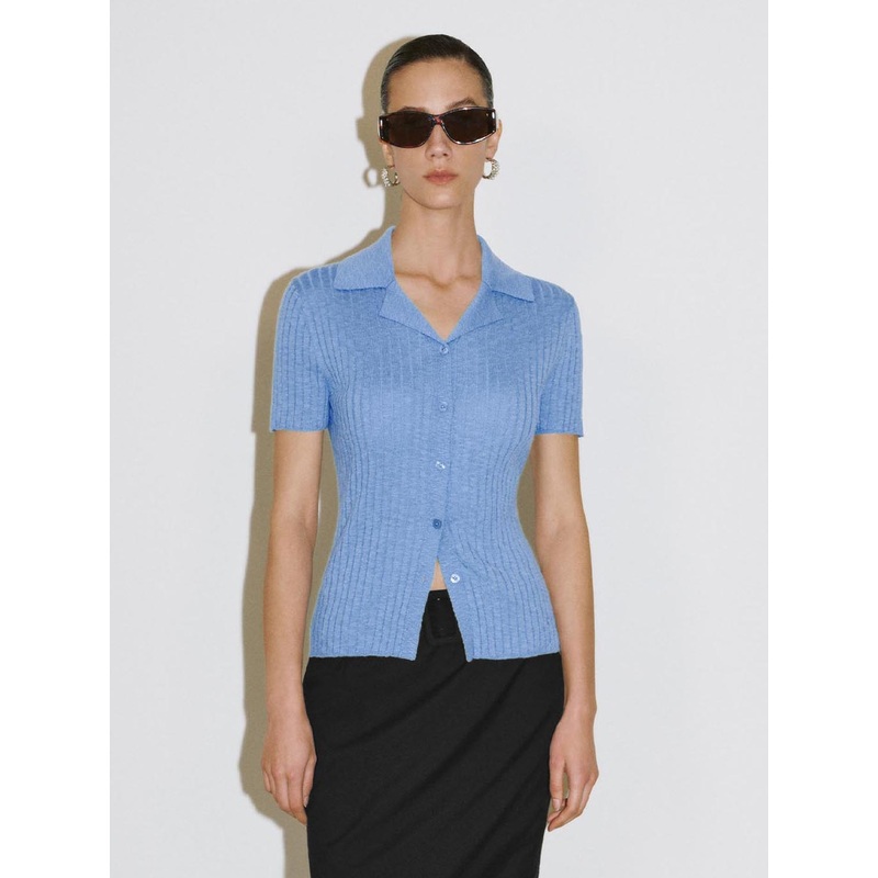 Lapel Knitted Cardigans Blue XS