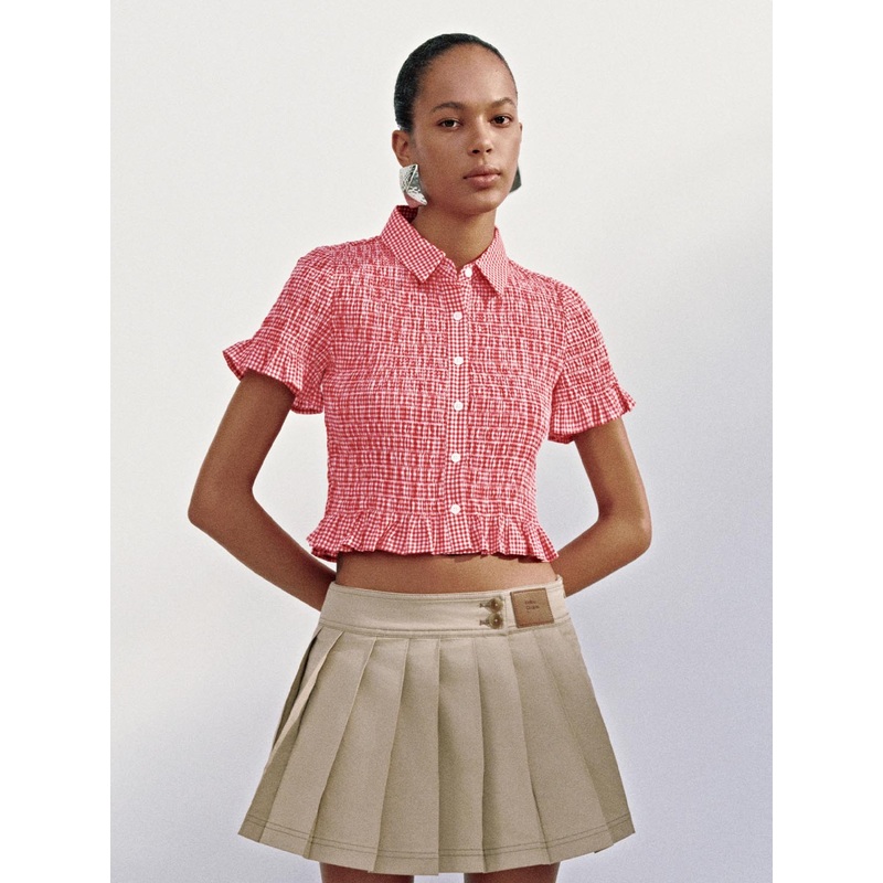 Ruffle Hem Plaid Shirts Black Checkered XS