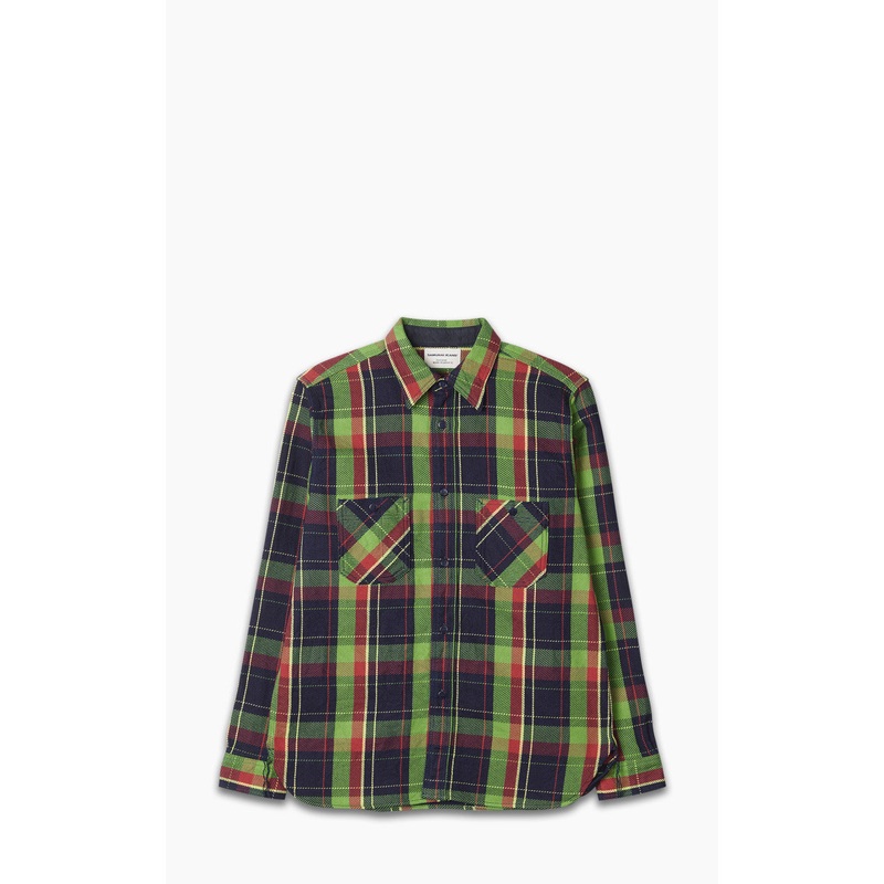 Samurai Jeans SIN23-01W Flannel Shirt Indigo Rope Dyed Green S
