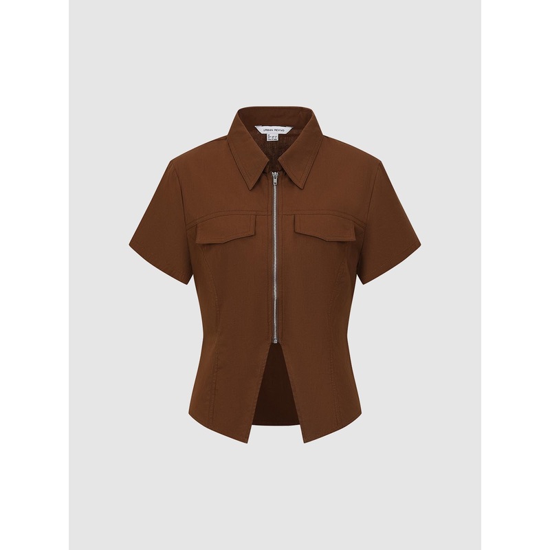 Zip Up Short Sleeve Shirts Brown XS