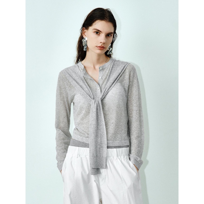 Scarf Decor Knitted Cardigans Light Grey XS