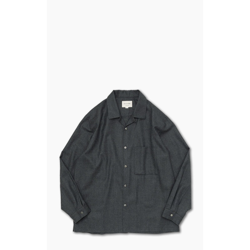 Still By Hand Open Collar Wool Shirt Blue Charcoal 1