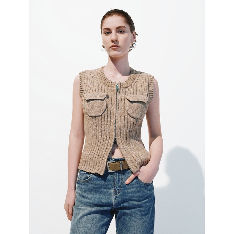 Knitted Sleeveless Cardigans Khaki XS