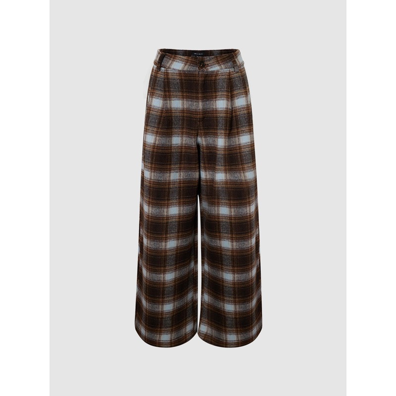 Plaid Wide-Leg Pants Khaki Checkered XXS