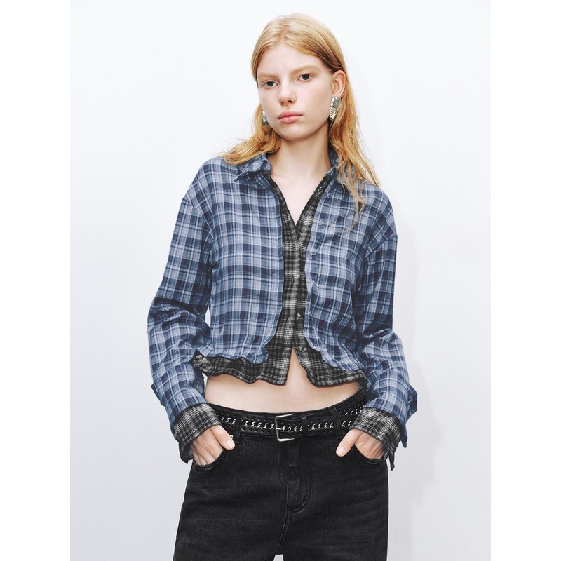 Plaid Long Sleeve Shirts Blue Checkered XS