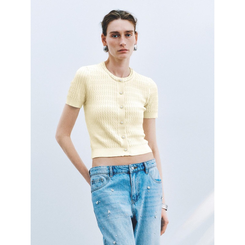 Short Sleeve Knitted Cardigans Yellow XS