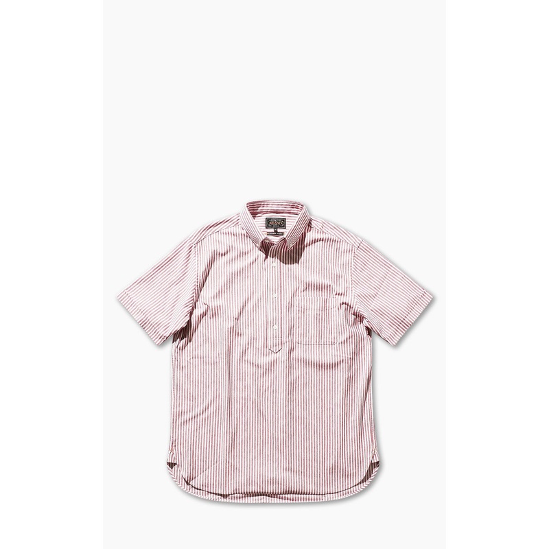 Beams Plus Knitted Oxford Striped Button Down Shirt Red M