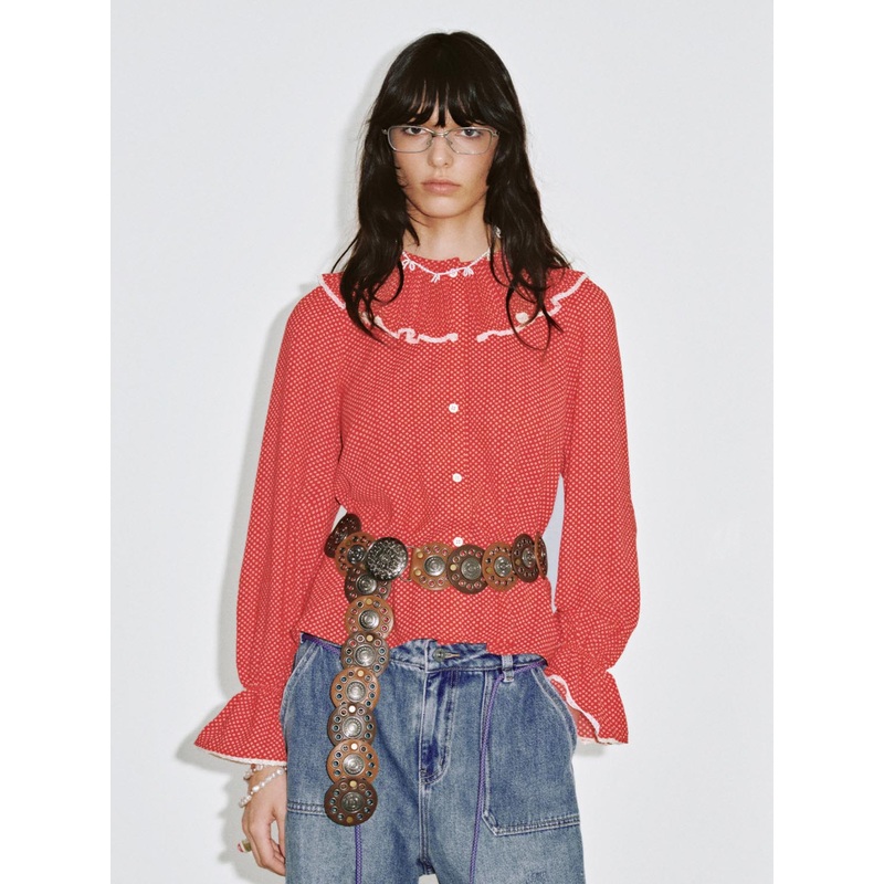 Polka Dot Ruffle Shirts Red Print XS