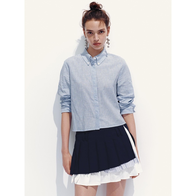 Striped Long Sleeve Shirts Light Blue Plaid XS