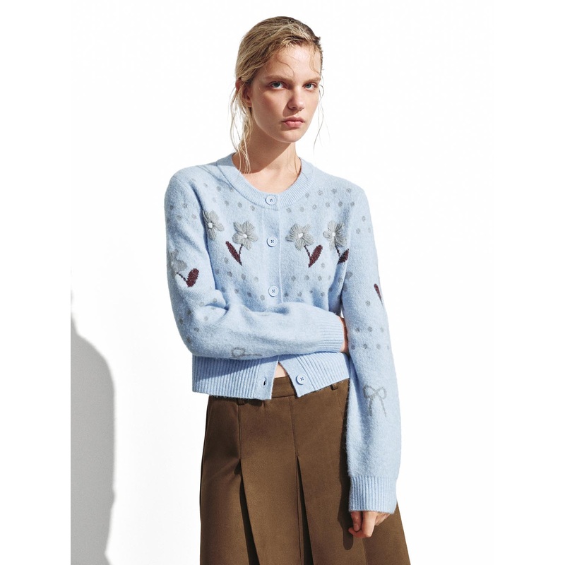 Intarsia Bow Detail Knitted Cardigans Blue XS