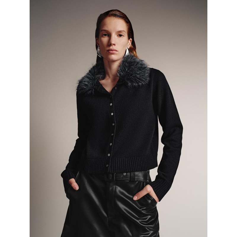Faux Fur Collar Knitted Cardigans Black XS