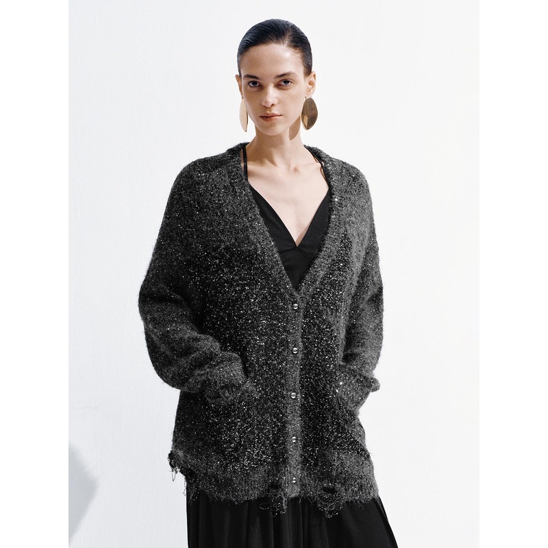 Oversize V-Neck Knitted Cardigans Dark Grey S