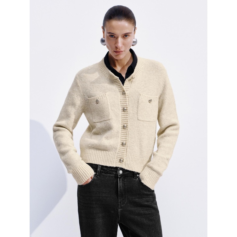 Patch Pockets Knitted Cardigans White XS