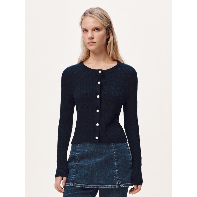 Crew Neck Braided Knitted Cardigans Blue XS