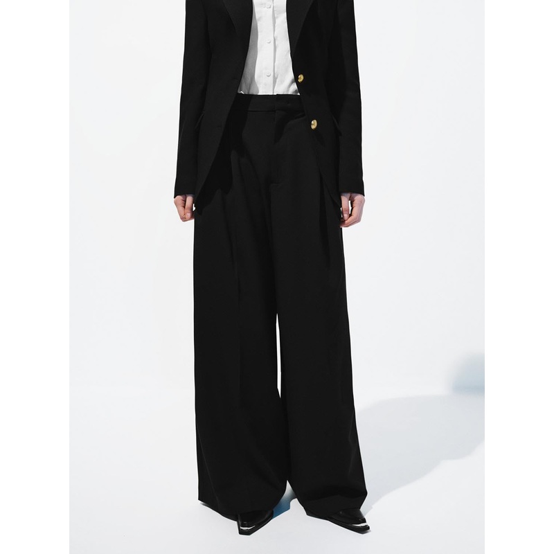 Pleated Wide Leg Pants Black XXS