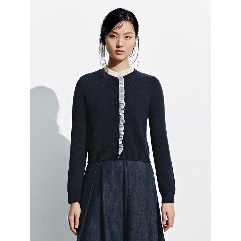 Lace Hem Wool Blend Knitted Cardigans Blue XS