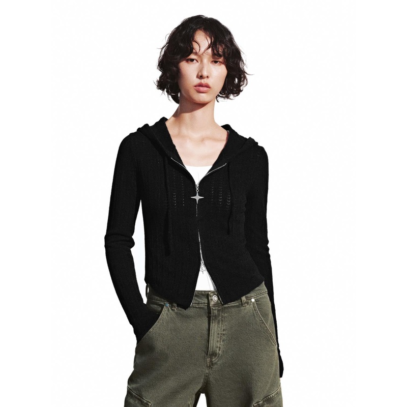 Slim Hooded Zip Up Knitted Cardigans Black XS